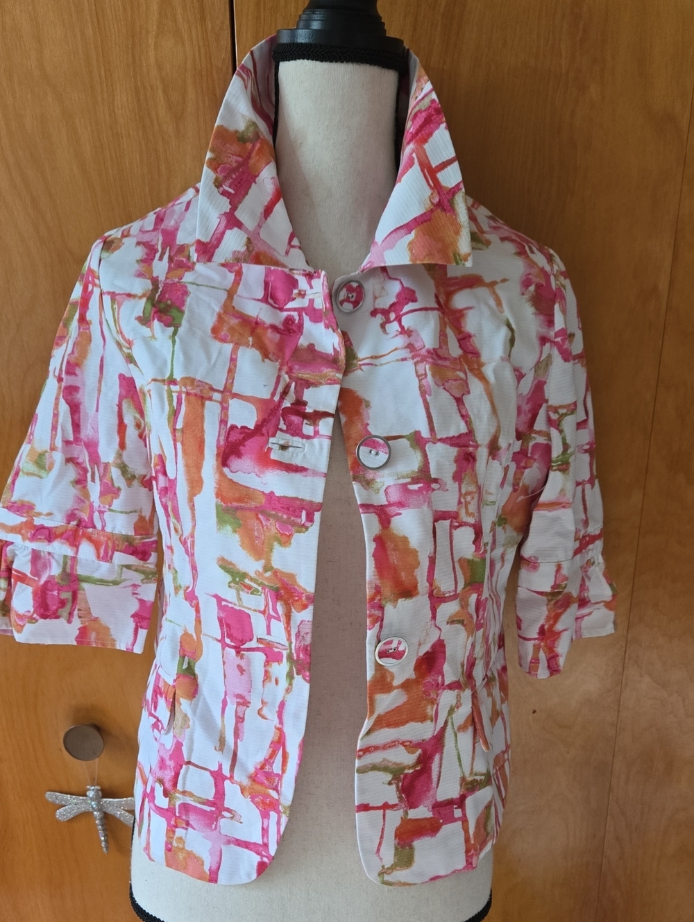Chico's Pink and Orange Watercolor Open Jacket